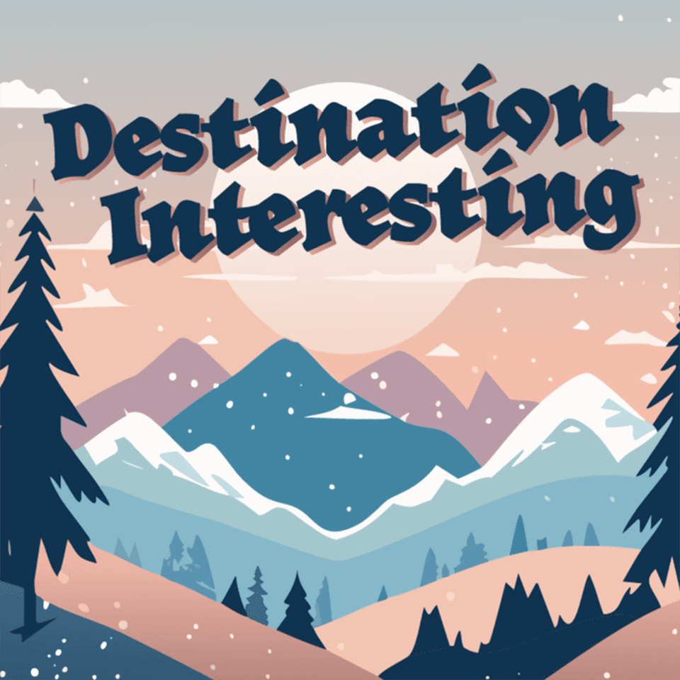 Destination Interesting Logo with illustrated mountain scene background